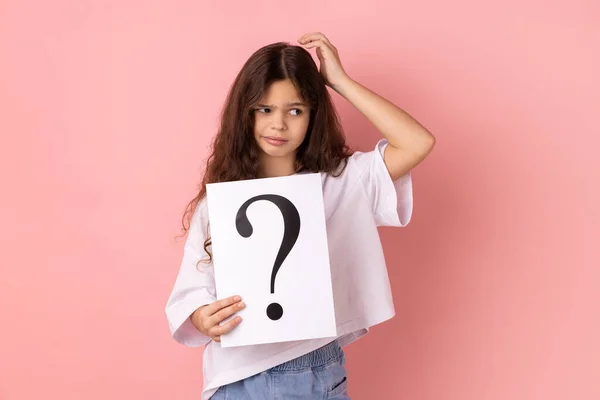 Portrait Little Girl Wearing White Shirt Holding Paper Question Mark — Stockfoto