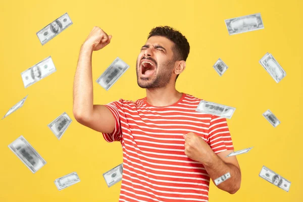 Money Rain Winner Rich Ecstatic Happy Celebrating Motivated Man Standing — Zdjęcie stockowe