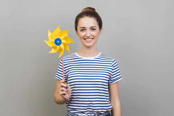 Origami Hand Mill Portrait Happy Woman Wearing Striped Shirt Smiling — Stock Photo, Image