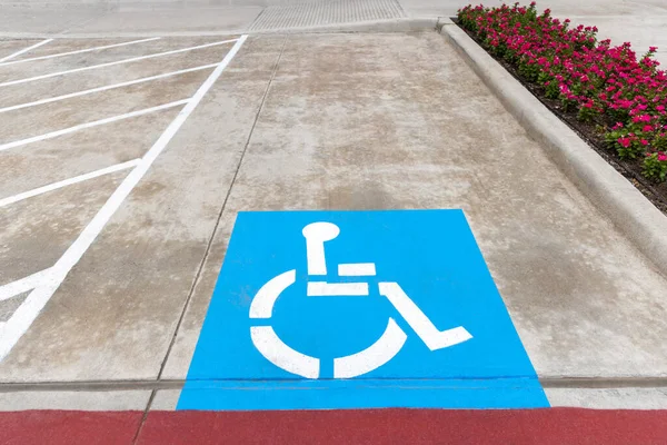 Blue sign, parking for the disabled, on the asphalt road with white road markings and flowers on the side.