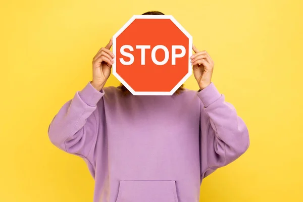 Unknown Woman Covering Face Stop Symbol Anonymous Person Holding Red — Stock Photo, Image