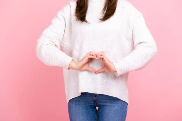 Unknown Girl Making Heart Shape Front Her Belly Symbol Women — Stock Photo, Image