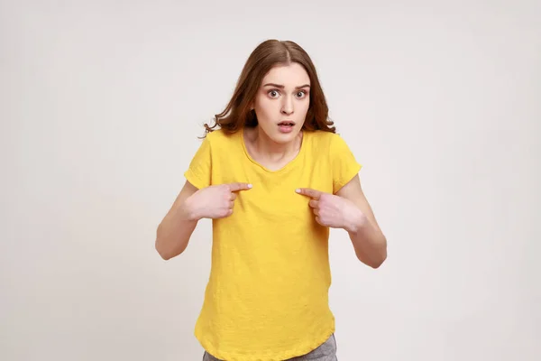 Amazed Attractive Teenager Girl Brown Hair Pointing Herself Wondered Expression — Stock Photo, Image