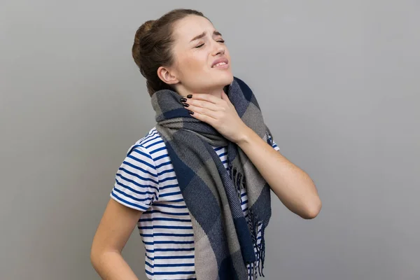 Sick Woman Shirt Wrapped Scarf Touches Neck Suffers Sore Throat — Stock Photo, Image