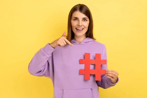 Attention Interesting Blog Post Happy Woman Pointing Red Hashtag Symbol — Stock Photo, Image