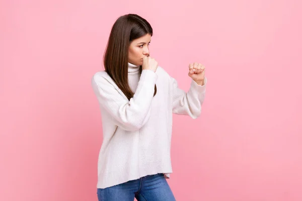 Side View Portrait Angry Female Clenched Fists Fighting Somebody Boxing — Stock Photo, Image