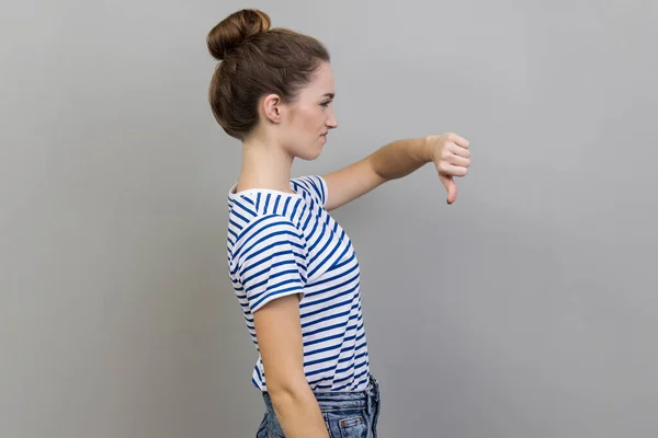 Side View Unhappy Unsatisfied Young Adult Woman Wearing Striped Shirt — Stock Photo, Image