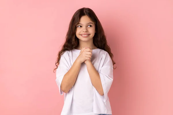 Portrait Smiling Happy Little Girl Wearing White Shirt Thinking Dreaming — Stock Photo, Image