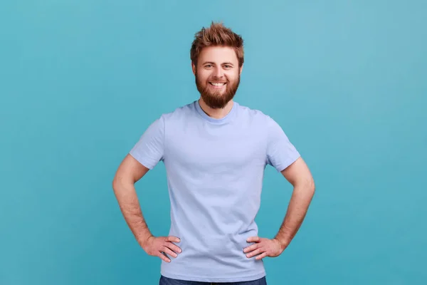 Portrait Satisfied Happy Bearded Man Standing Hands Hips Looking Camera — Stock Photo, Image