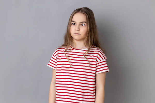 Portrait Funny Silly Little Girl Wearing Striped Shirt Looking Cross — ストック写真
