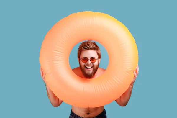 Portrait Bearded Man Sunglasses Holding Orange Rubber Ring Hands Looking — Stock Photo, Image