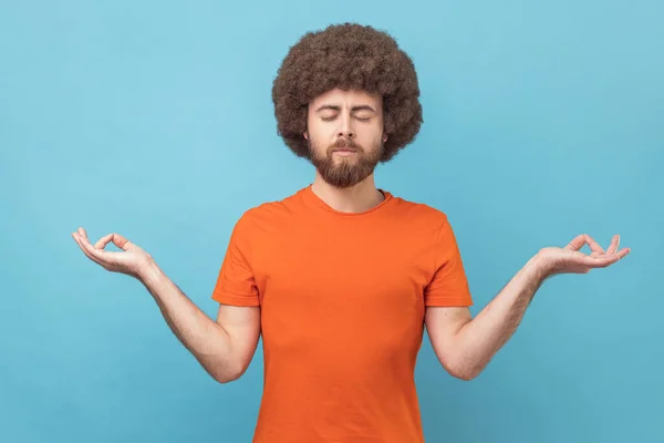 Portrait Calm Meditative Handsome Man Afro Hairstyle Wearing Orange Shirt — Stock Photo, Image
