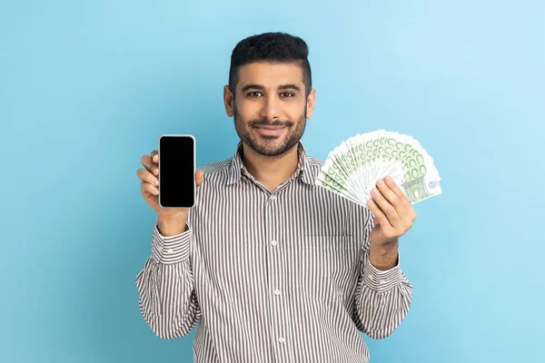 Online Payment Astonished Surprised Businessman Beard Holding Cell Phone Euro — Stock Photo, Image