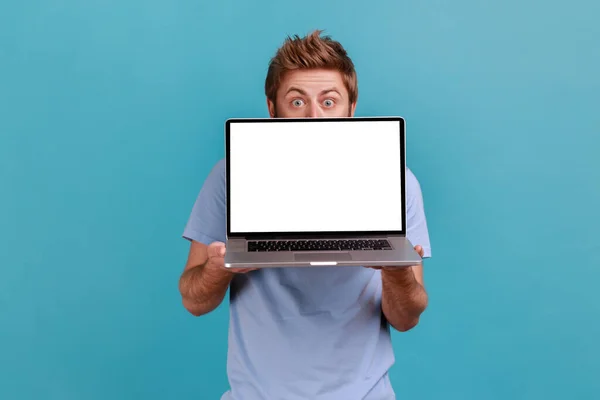 Portrait Man Hiding White Empty Screen Laptop Surprised Advertising Area Stock Picture