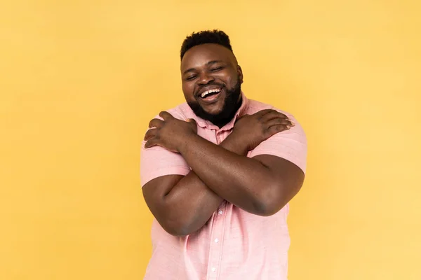 Portrait Selfish Narcissistic Man Wearing Pink Shirt Embracing Himself Smiling — Stock Photo, Image