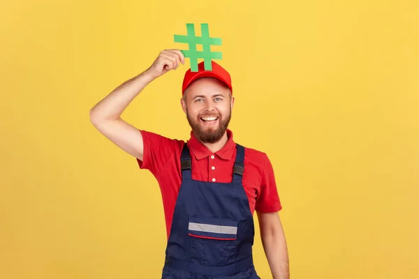 Portrait Happy Optimistic Worker Man Wearing Blue Uniform Red Cap — Stock Photo, Image