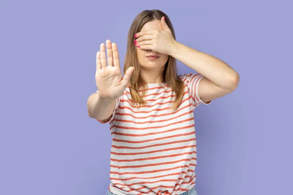 Portrait Blond Woman Wearing Striped Shirt Showing Stop Gesture Covering — Stock Photo, Image