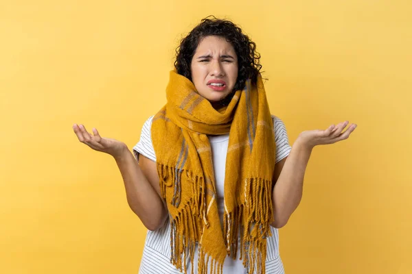 Portrait Unhealthy Sick Woman Dark Wavy Hair Wrapped Warm Scarf — Stock Photo, Image