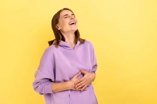 Portrait Happy Woman Dark Hair Holding Belly Laughing Hearing Funny — Stock Photo, Image