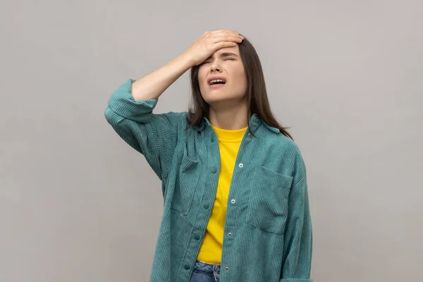 Unlucky Woman Facepalm Gesture Feeling Regret Sorrow Blaming Herself Mistake — Stock Photo, Image