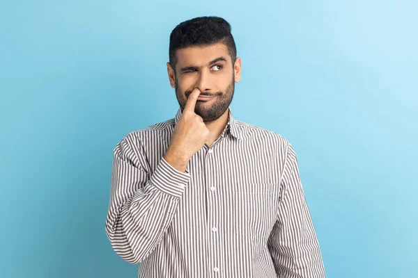 Portrait Bearded Businessman Putting Finger His Nose Fooling Bad Habits — Stock Photo, Image