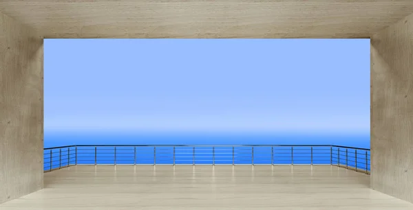 从现代木制阳台到带有钢轨3D渲染的室外平台的景观 — 图库照片