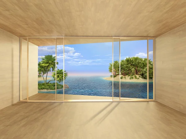 现代玻璃木制平台俯瞰着岛屿 棕榈树 热带植被 海洋和蓝天 3D渲染 — 图库照片