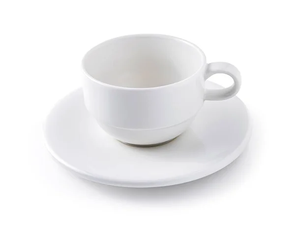 Tazza Caffè Bianco Vuoto Con Piattino Isolato Sfondo Bianco — Foto Stock