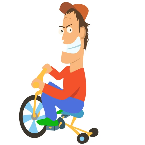 Ilustración del hombre sentado en bicicleta con gorra — Vector de stock
