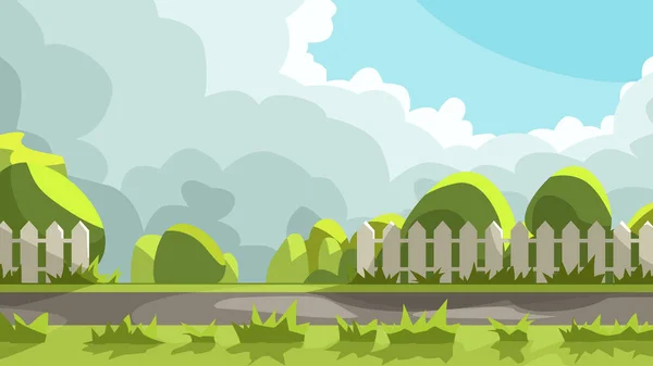 Natureza verde calçada desenho animado estilo tempo nublado — Vetor de Stock