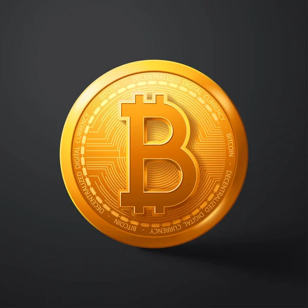 Bitcoin realistico con ombra sul buio — Vettoriale Stock