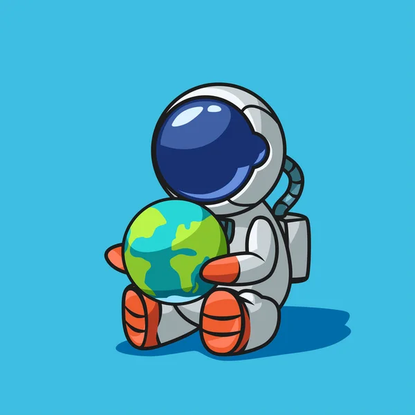 Cartoon style sitting astronaut holding planet earth — Stock Vector