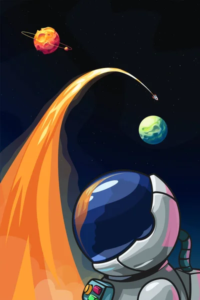Иллюстрация Космонавта Смотрящего Запуск Космической Ракеты Части Исследования Далеких Галактик — стоковый вектор