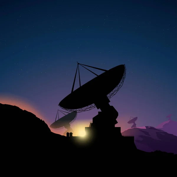 Illustration Station Big Telescopes Pointed Deep Space Sunset — Vettoriale Stock