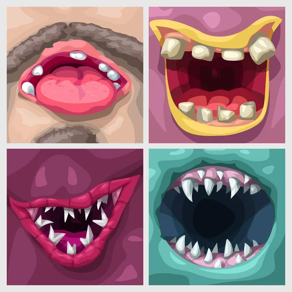 Illustration Continue Cartoon Bright Various Shapes Colors Monster Mouths Set — Stockvektor