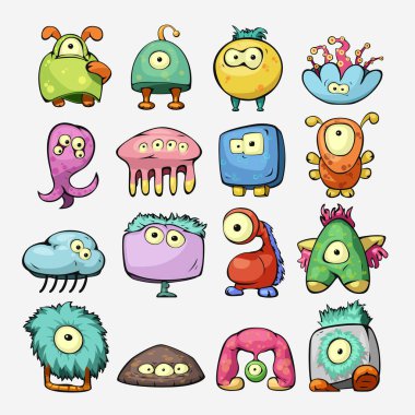 illustration of different shapes and colors cute monsters in set isolated on white background