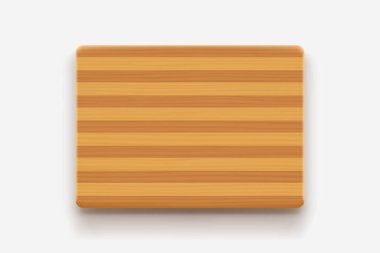 Beyaz arka planda yumuşak gölgeyle tepeden gerçekçi tahta kesim tahtası görüntüsü