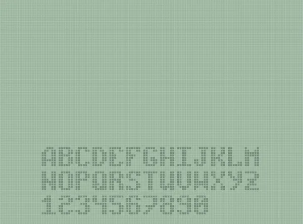 低画素解像度の緑のカラーレトロ画面のイラスト アルファベットと数字がセットされた — ストックベクタ