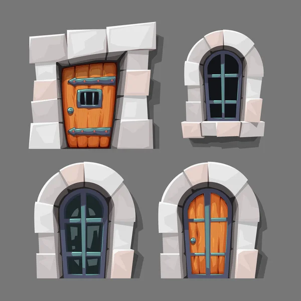 Ilustração Portas Estilo Cartoon Medieval Janelas Set Vista Frontal Isolado — Vetor de Stock