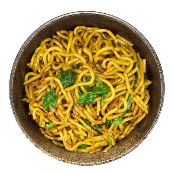 Stir-fried noodle with bacon and spinach — Stock Photo, Image