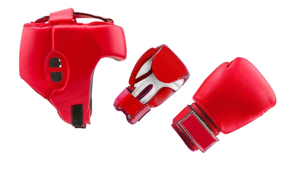 Röd Boxningshjälm Och Handskar Kompis Skydd För Jaktplanet Isolerad Vit — Stockfoto