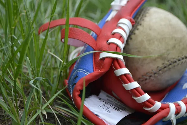 Röd Sport Baseball Handske Sportutrustning Grön Bakgrund — Stockfoto