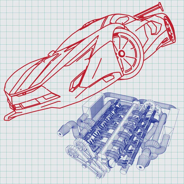 Sportwagen Sketch Blauwdruk — Stockvector