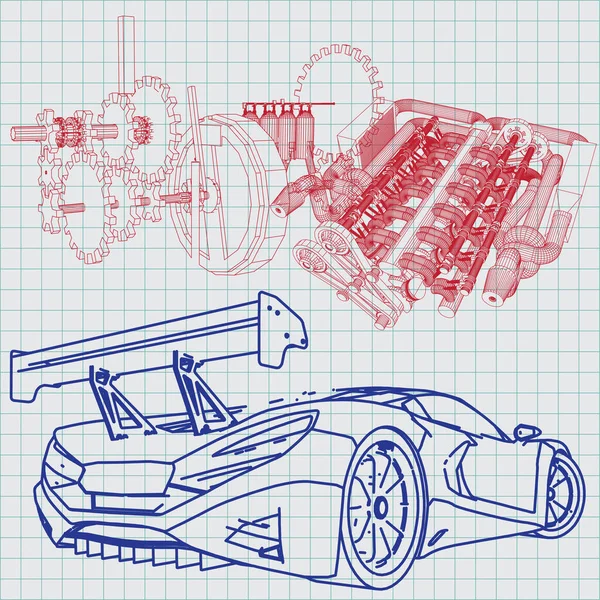 Sportwagen Sketch Blauwdruk — Stockvector