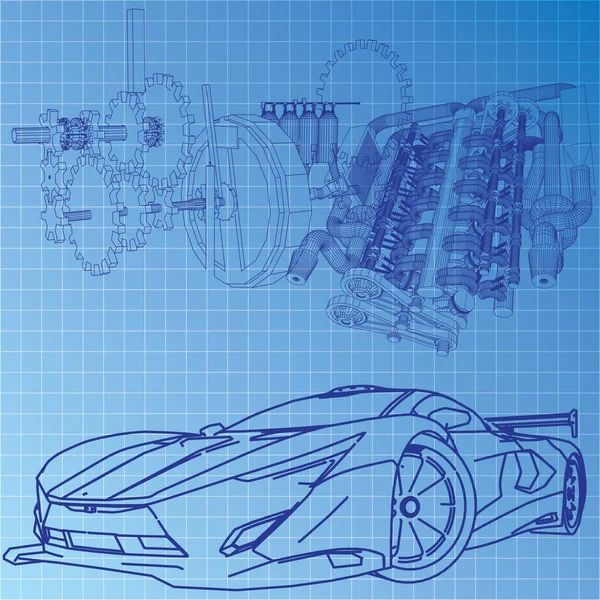 Sports Car Sketch Blueprint — Stock Vector