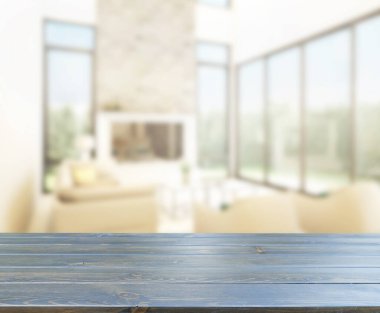 Masa üstü ve arka planın bulanık oturma odası