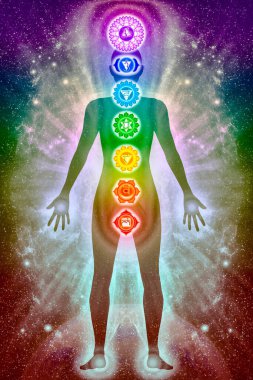 Illustration of a human body aura with the seven main chakras. clipart