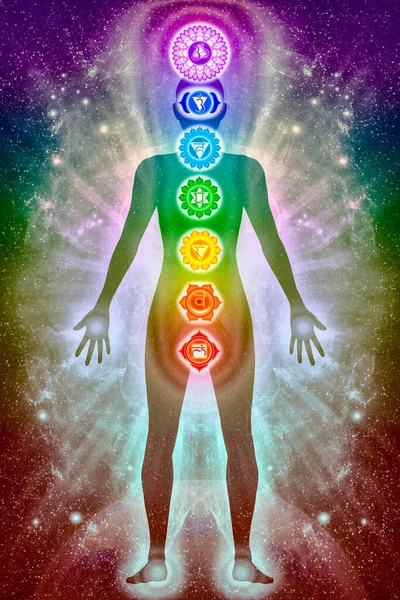 Illustration Une Aura Corps Humain Avec Les Sept Chakras Principaux — Photo