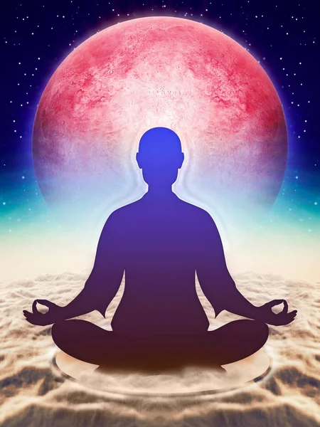 Illustration of a meditating human shape in the lotus position over the clouds.