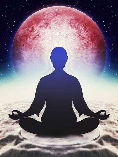 Illustration of a meditating human shape in the lotus position over the clouds.